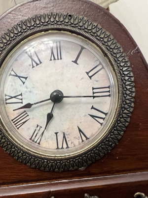Table clock used, wooden with metal decorative elements
