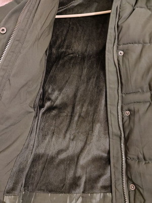 Winter coat olive color with fur inside and on hood, like new