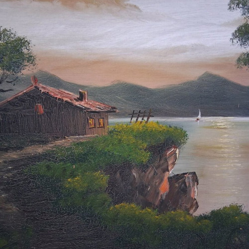 Oil painting "Landscape" with lake, vintage, gold carved frame