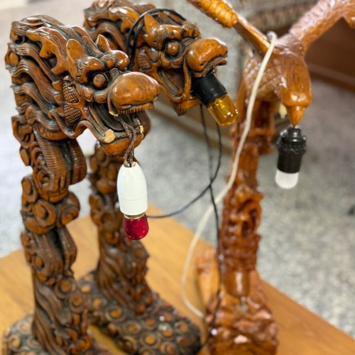 Handmade Wooden Table Lamps Set with Dragons and Eagle like new