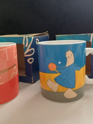 Athens 2004 Olympic Mugs with Fencing and Ping Pong Mascots, New