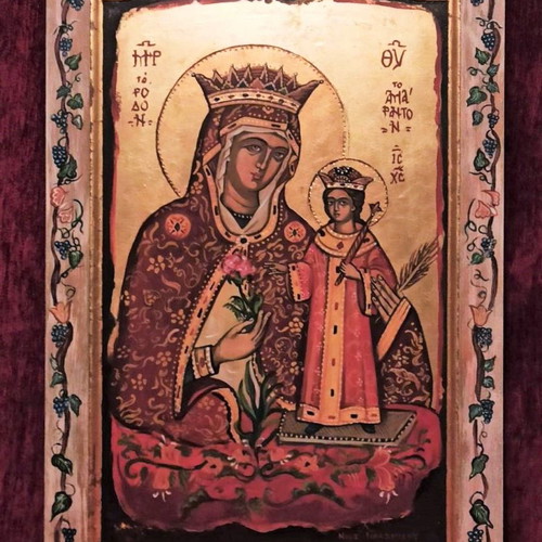 Nora Iordanidou Panagia to Rodo to Amarantos icon on wood new
