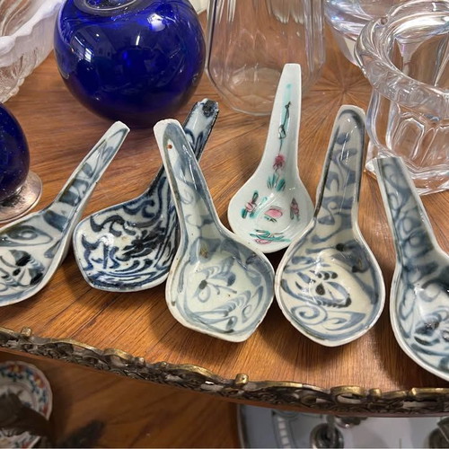 Antique Chinese Porcelain Soup Spoons used, set of 6, blue and white