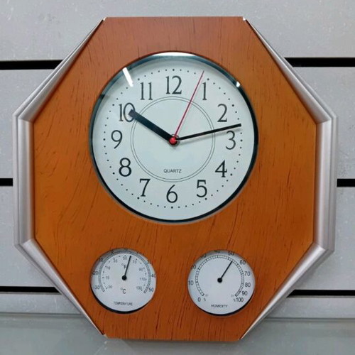 Wall clock brown faux ivory new with thermometer and hygrometer