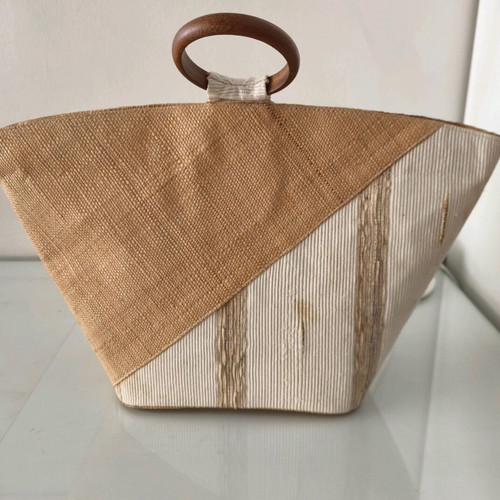 Raffia tote bag Astrup new, beige and brown, wooden handles