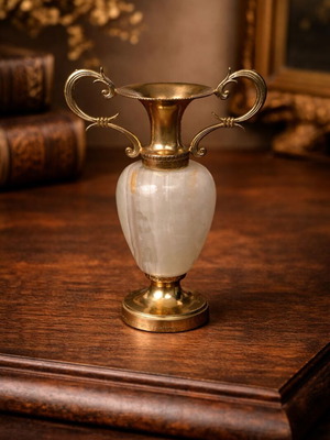 Decorative amphora from brass and onyx like new, 11 cm height