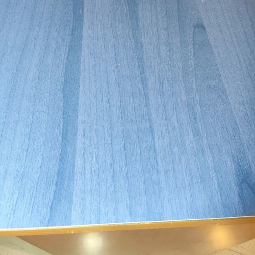 Computer desk with drawers used, natural wood and blue