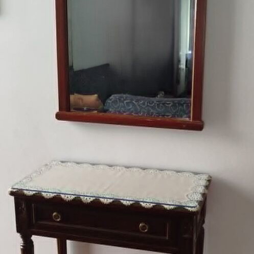 Vintage entry table, mirror and coat rack used, dark brown wood