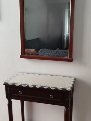 Vintage entry table, mirror and coat rack used, dark brown wood