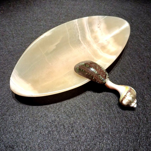 Onyx Bowl and Natural Shell Caviar Spoon Set new, vintage handmade