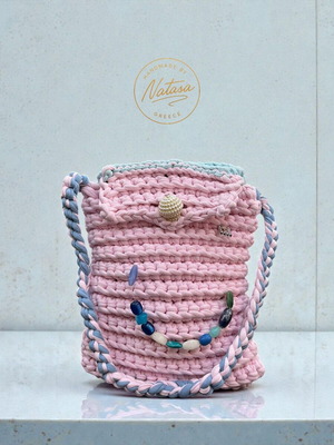 Handmade knitted shoulder bag in pink and blue, new