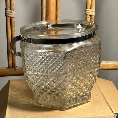 Glass ice bucket used with silver rack and engraved design