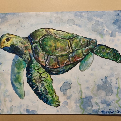 Sea Turtle Original Painting by Eleni Papadopoulou on Watercolor Paper