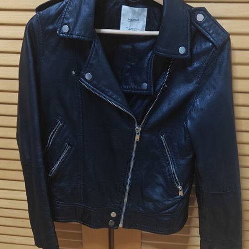 Mango Genuine Leather Biker Jacket used, black, size S