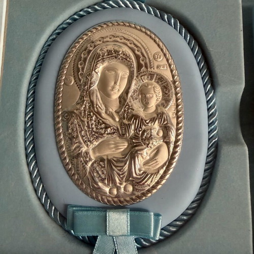 Princelino baptism gift set for boy with silver Virgin Mary icon and frame