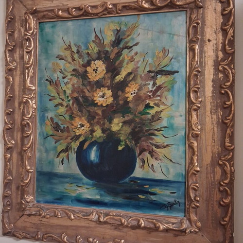 Theodor Butz oil painting floral still life with blue vase, framed