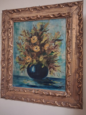 Theodor Butz oil painting floral still life with blue vase, framed
