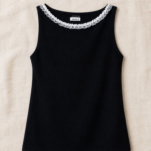 Fiorella black sleeveless top with romantic neckline and flowers size S like new