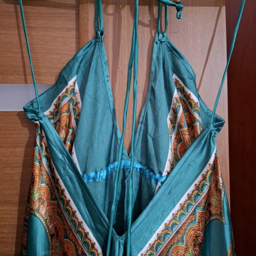 Boho maxi dress like new, green ethnic halterneck