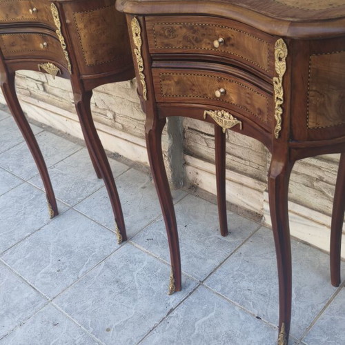 Nightstands pair walnut wood marquetry with brass decoration like new