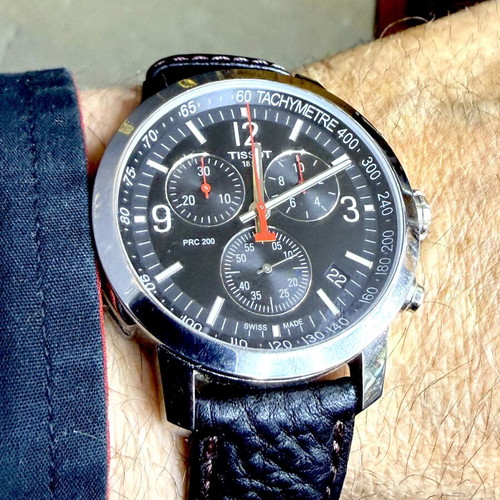 Tissot PRC 200 chronograph watch, black dial, leather strap