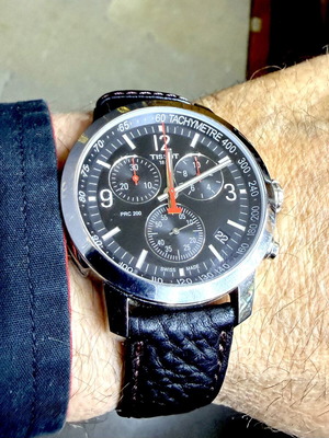 Tissot PRC 200 chronograph watch, black dial, leather strap
