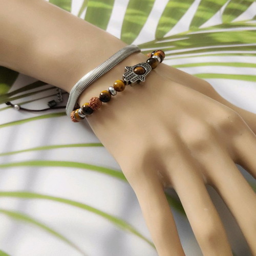 Unisex Hamsa bracelets with semi-precious stones and steel details