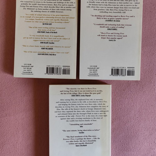 Set of 3 used Joy Adamson books Born Free, Living Free, Forever Free paperback