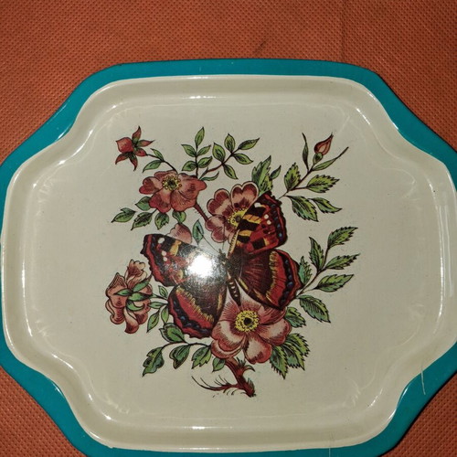 3 vintage metal trays 19.5×16cm, Christmas & butterfly theme, pack