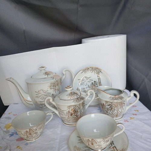 Vintage Japanese Kutani tea set used, 7 pieces