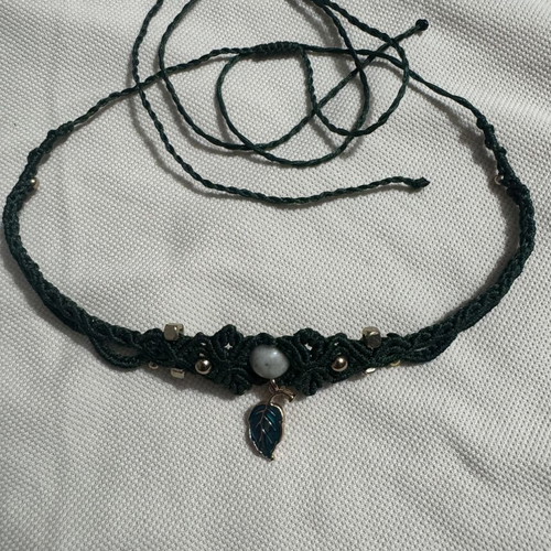 Macrame Forest Leaf choker with dendritic agate and enamel, new
