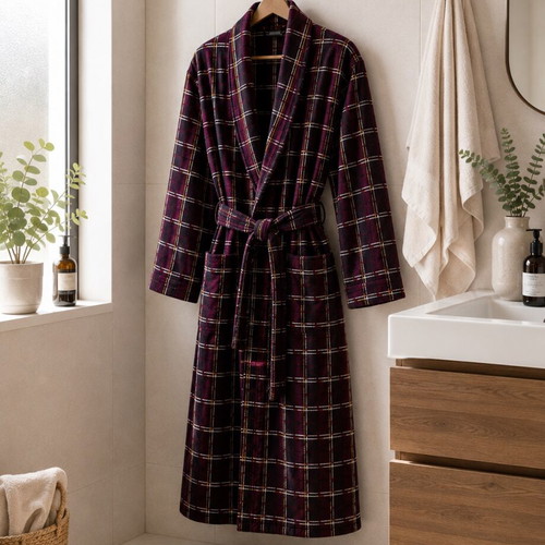 Men's 3XL Cotton Bathrobe, burgundy plaid