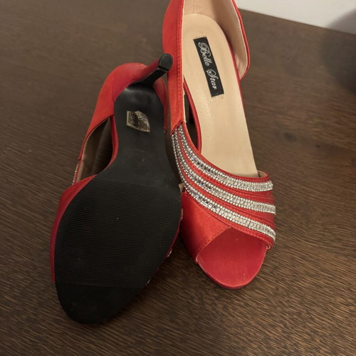 Red satin pumps with rhinestones, size 37.5