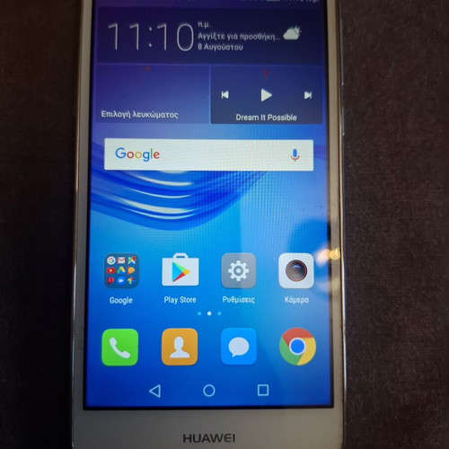 Huawei mobile phone used, white, with headphones and charger