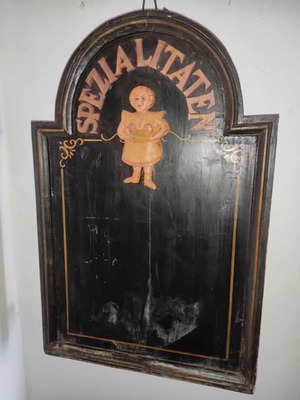 Antique Wooden Chalkboard Spezialitate used, embossed letters and figure