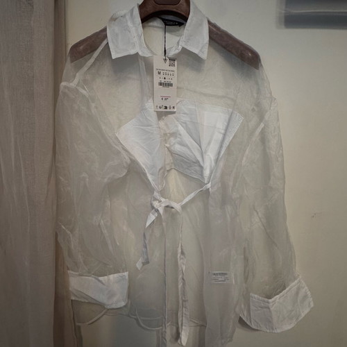 Zara organza poplin shirt new, white with belt