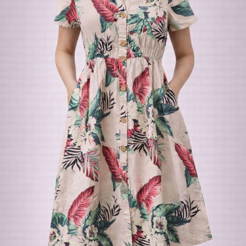 ZARA Tropical Floral Linen-Blend Shirt Dress - Size S - Ροζ/Πολύχρωμο