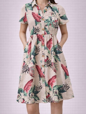 ZARA Tropical Floral Linen-Blend Shirt Dress - Size S - Ροζ/Πολύχρωμο