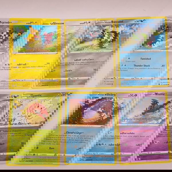 6 Pokemon Κάρτες Αυθεντικές! Morpeko, Glameow, Baskulin, Voltorb, Mantine, Togetic