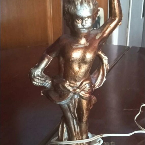 Vintage brass table lamp with angel and opaline glass, used