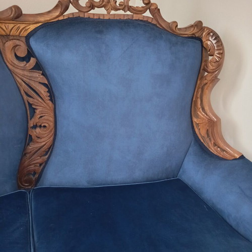 Handmade Victorian-style living room set, six pieces, blue velvet