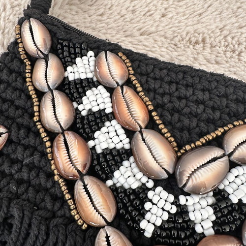 Boho Handmade Crochet Crossbody Bag with Shells and Fringe Black