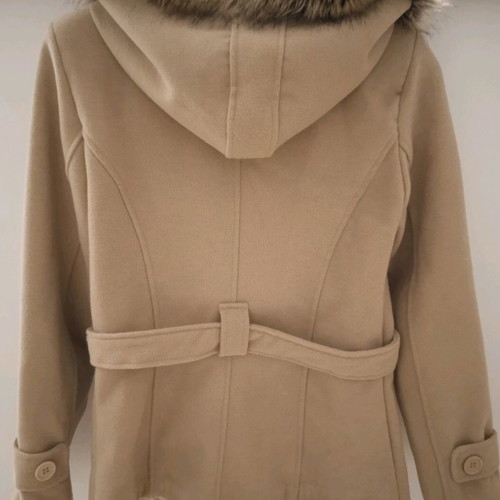 Woolen women's coat used size M beige with hood and belt
