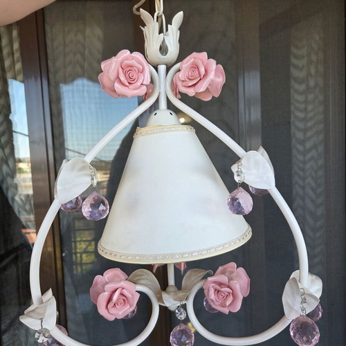 Ceiling light with pink metal roses, pink crystals and beige lampshade like new