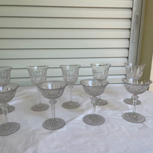 Saint Louis crystal glass set of 9 used, antique Art Deco 1928