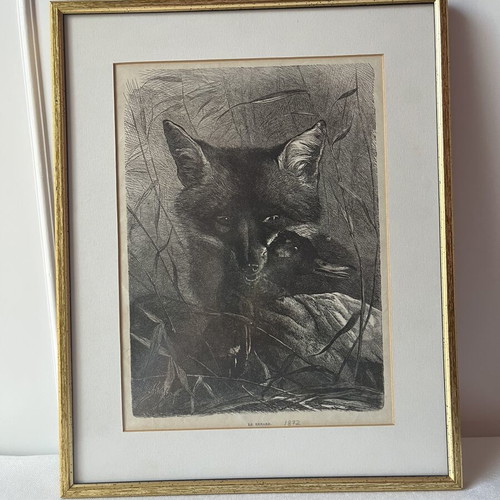 Rare Authentic Wood Engraving "The Fox and the Duck" 1872 Like New with Frame