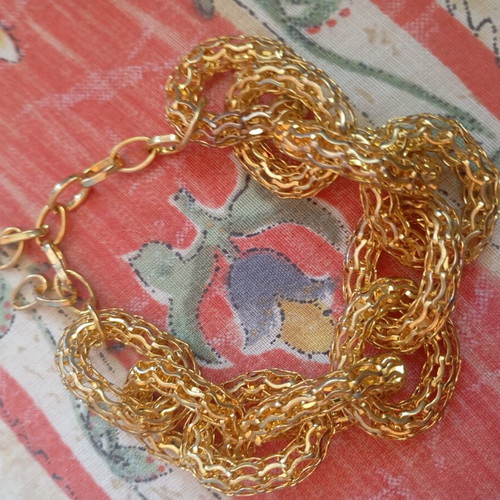 Gold color statement bracelet, like new, chunky mesh chain