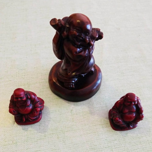 Budai Feng Shui Laughing Buddha Set of 3 Decorative Red Resin Figurines like new