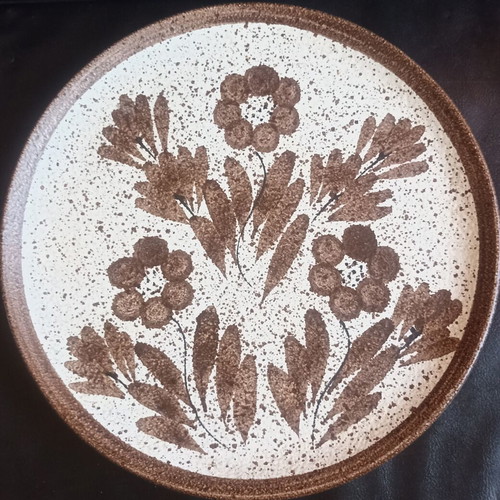 Large Vintage Textured Ceramic Wall Plate, Rustic Floral Design