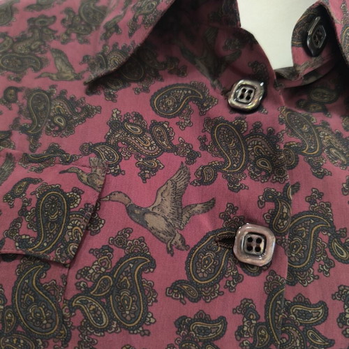 Hand made silk dress size L, like new, burgundy with duck pattern
